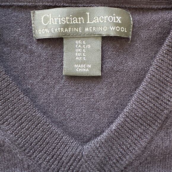 Christian Lacroix Men's 100% Fine Merino Wool Navy V-Neck Sweater, Size L, EUC - Picture 2 of 4